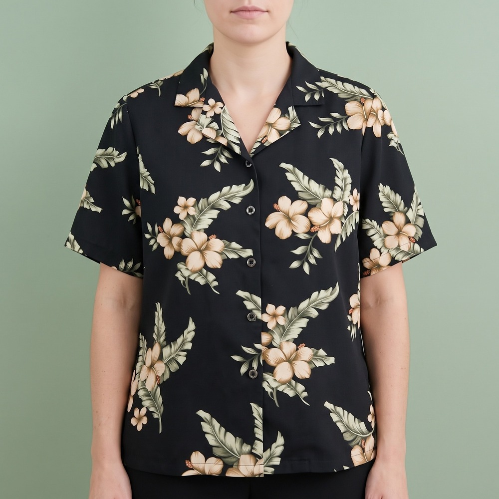 Bonworth Button Down Womens L Tropical Black Floral Hibiscus Read